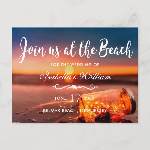 Sunset Beach Mason Jar Blue Night Save the Date Announcement Postcard