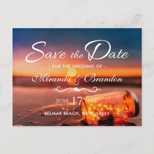 Sunset Beach Mason Jar Blue Night Save the Date Announcement Postcard