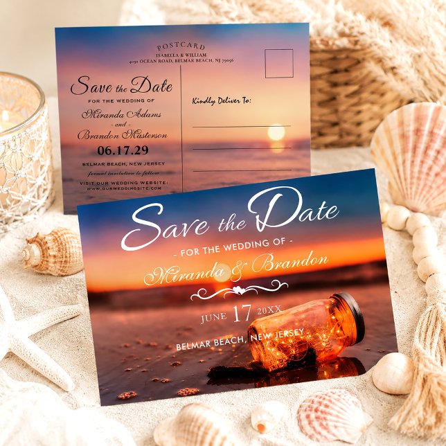 Sunset Beach Mason Jar Blue Night Save the Date Announcement Postcard (Creator Uploaded)