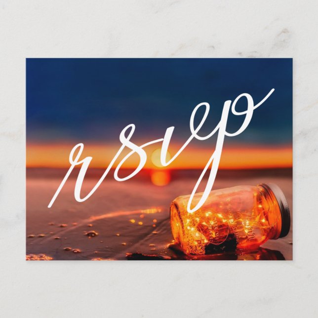 Sunset Beach Mason Jar Blue Night Wedding RSVP Announcement Postcard (Front)