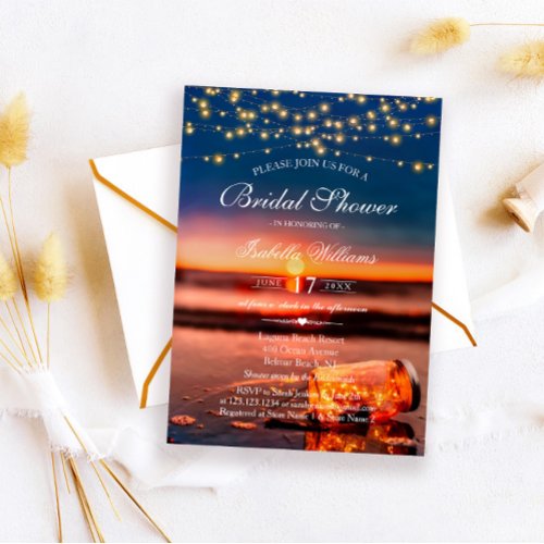 Sunset Beach Mason Jar String Lights Bridal Shower Invitation