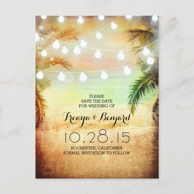 sunset beach & palm string lights save the date announcement postcard (Front)