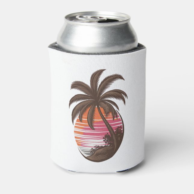 Sunset Beach Palm Tree Funny Summer Vacation Can Cooler (Can Back)