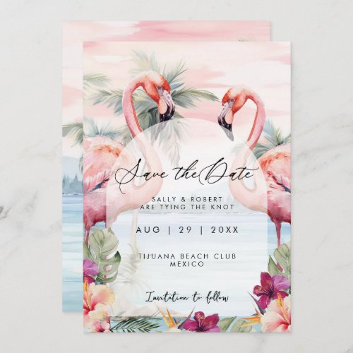 Sunset beach palms and flamingo save the date card