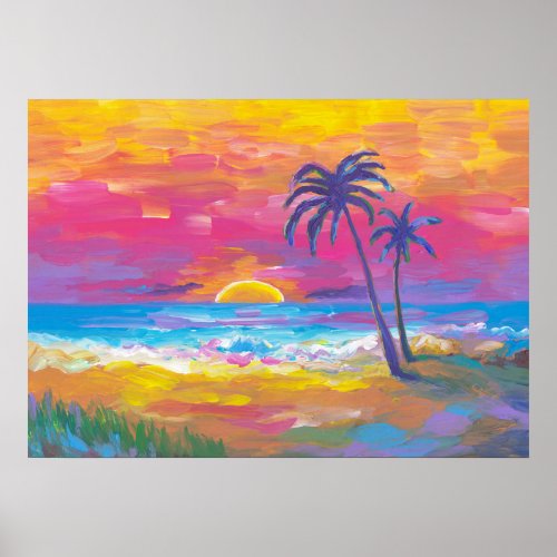 Sunset Beach Palms Landscape Painting Poster