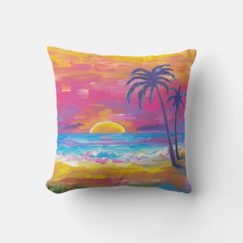Sunset Beach Palms Landscape Painting Throw Pillow