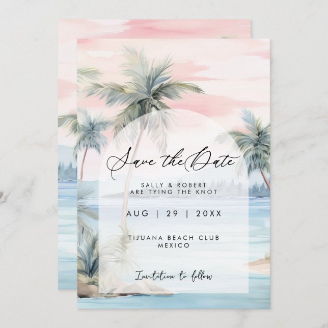 Sunset beach palms save the date card (Front/Back)