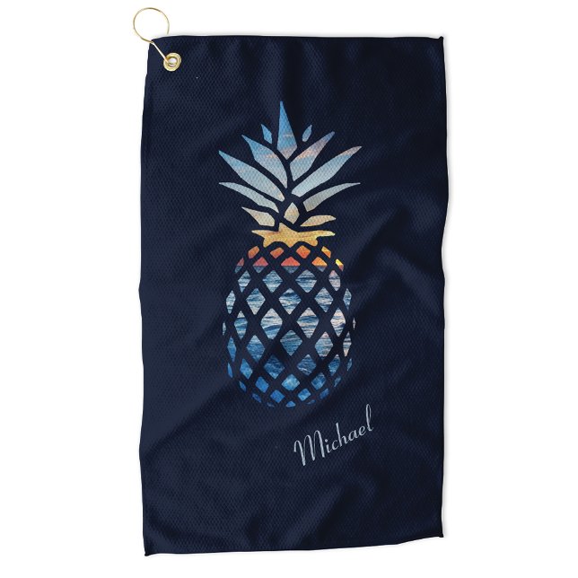 Sunset Beach Pineapple Custom Golf Towel (Tropical Pineapple Navy Blue Personalized Golf Towel)