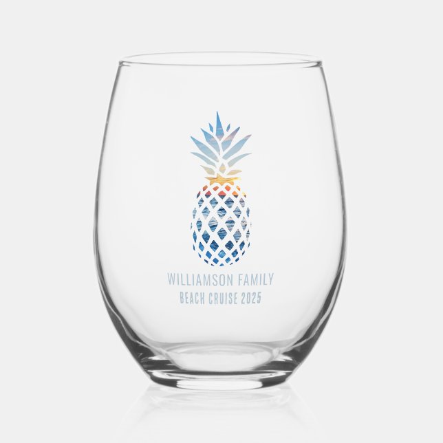 Sunset Beach Pineapple Tropical Vacation Cruise Stemless Wine Glass (Back)