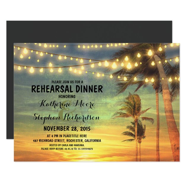 Sunset Beach Rehearsal Dinner String Lights Invitation