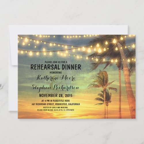 sunset beach rehearsal dinner string lights custom invite