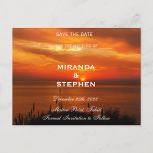 Sunset beach save the date announcement postcard