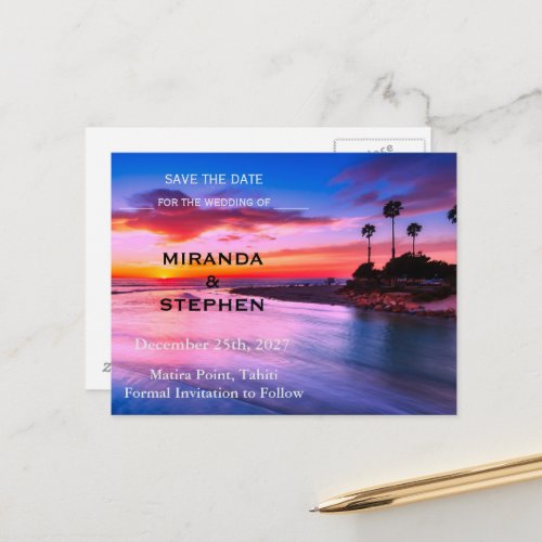 Sunset beach save the date announcement postcard