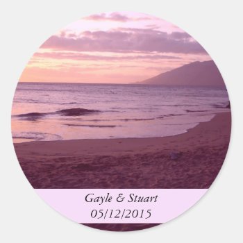 Sunset Beach Save The Date Classic Round Sticker by seashell2 at Zazzle