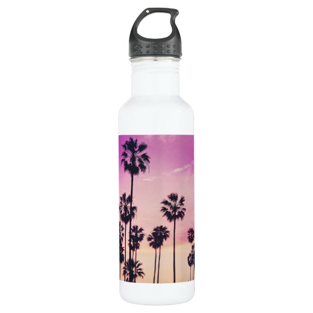 Sunset Beach Scene, Purple Tropical Sky Stainless Steel Water Bottle (Front)