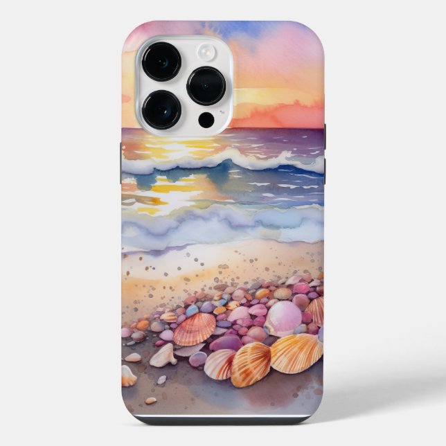 SUNSET BEACH SCENE WITH COLORFUL SEASHELLS IPHONE CASE (Back)