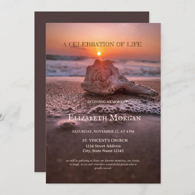 Sunset Beach Seashell Celebration Of Life Invitation (Front/Back)
