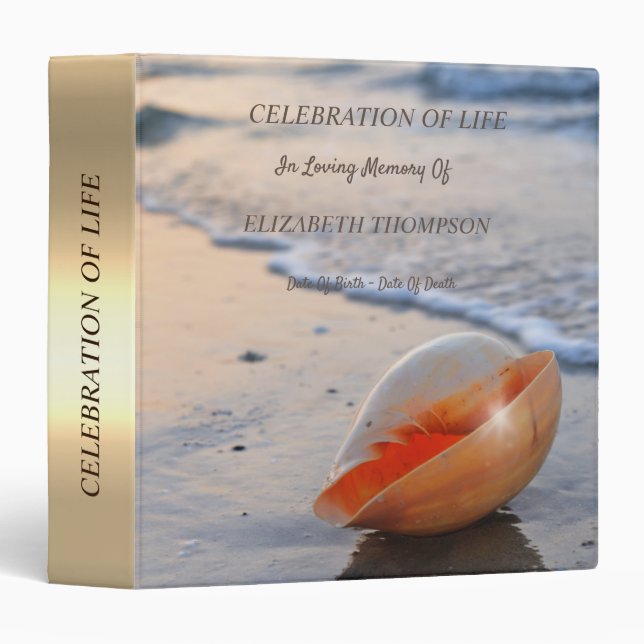 Sunset Beach Seashell Gold Celebration of Life  3 Ring Binder (Front/Spine)