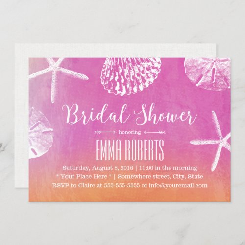 Sunset Beach Seashells Watercolor Bridal Shower Invitation