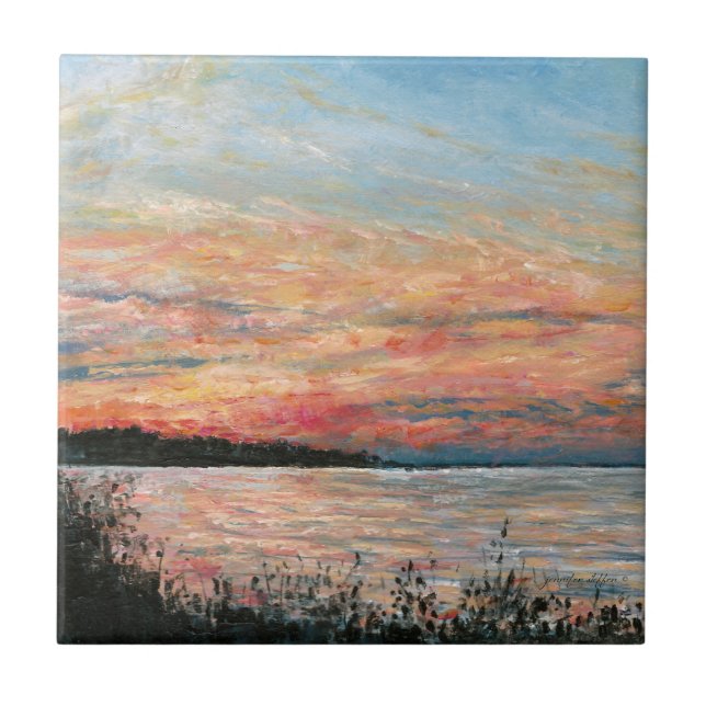 Sunset Beach Shoreline Painting Ceramic Tile (Front)