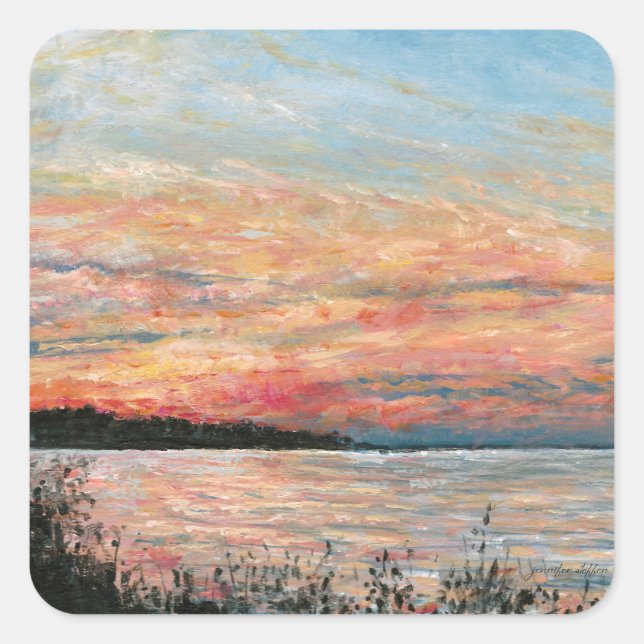 Sunset Beach Shoreline Painting Square Sticker (Front)