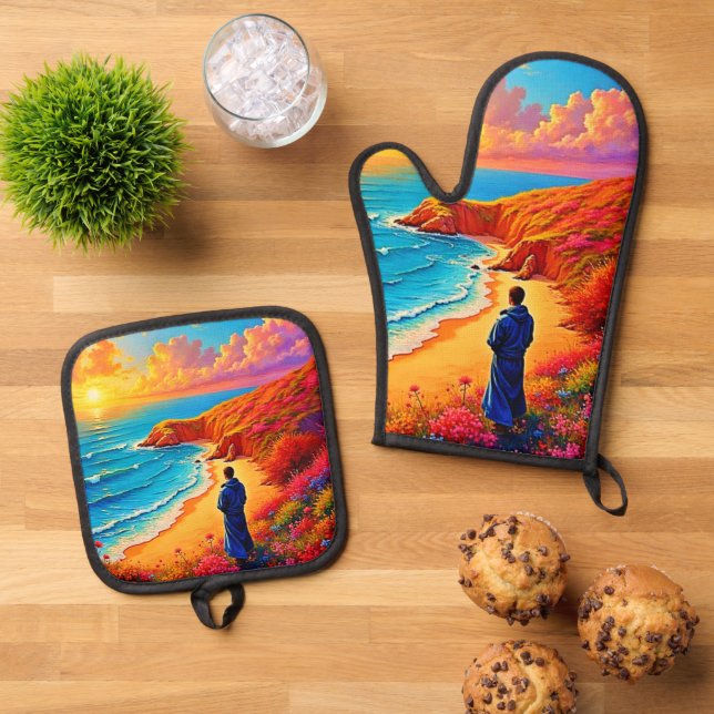 Sunset Beach Solitude Serenity Design Oven Mitt & Pot Holder Set (Top Down)