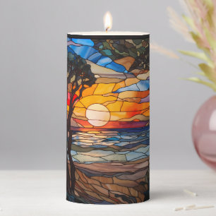 Sunset Beach Stained Glass Look Pillar Candle