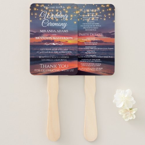 Sunset Beach String Light Summer Wedding Program Hand Fan