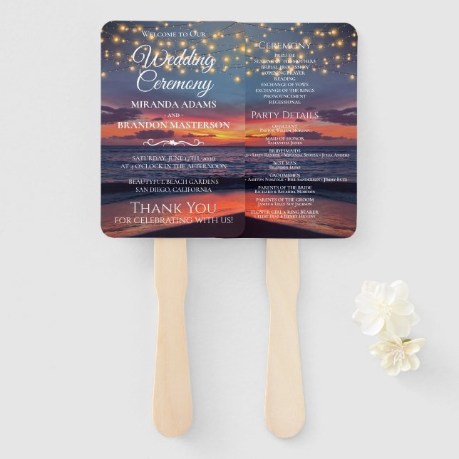 Sunset Beach String Light Summer Wedding Program Hand Fan (Front and Back)