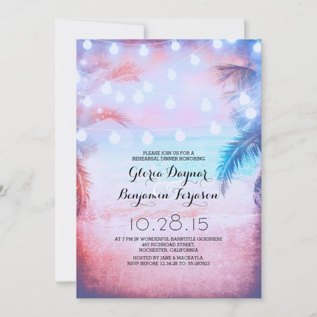 Sunset Beach & String Lights Rehearsal Dinner Invitation (Front)