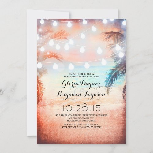 Sunset Beach  String Lights Rehearsal Dinner Invitation