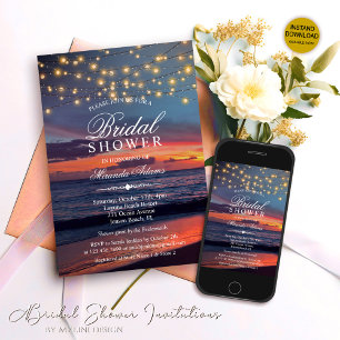 Sunset Beach String Lights Summer Bridal Shower Invitation