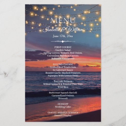 Sunset Beach String Lights Summer Wedding Menu