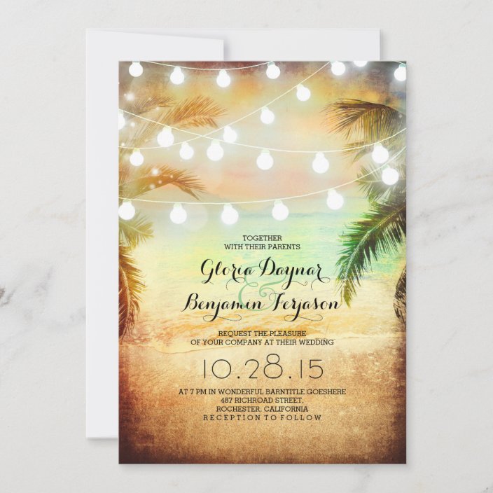 Sunset Beach And String Lights Wedding Invitation