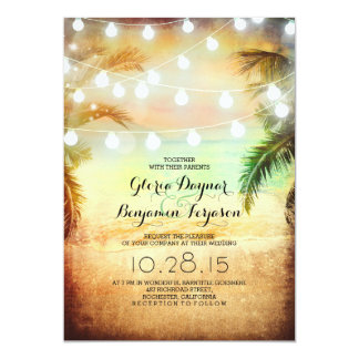 Sunset Beach & String Lights Wedding Invitation