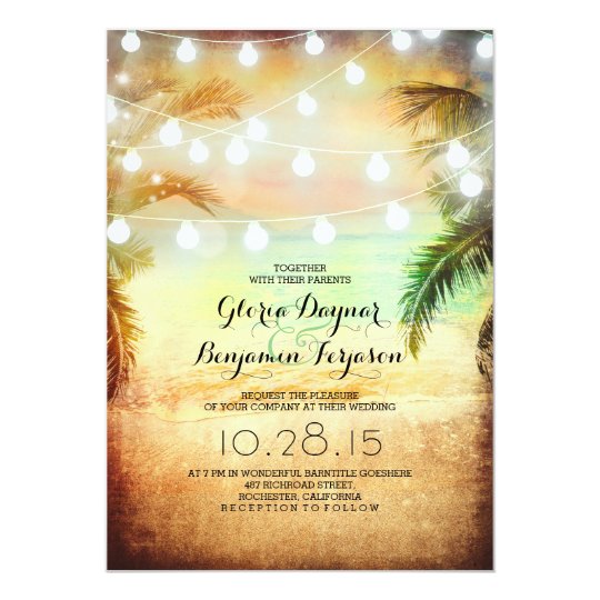 Sunset Beach & String Lights Wedding Invitation Zazzle.com