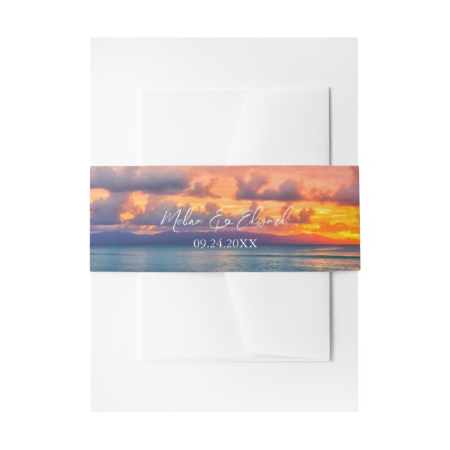 Sunset Beach String Lights Wedding Invitation Belly Band (Front Example)