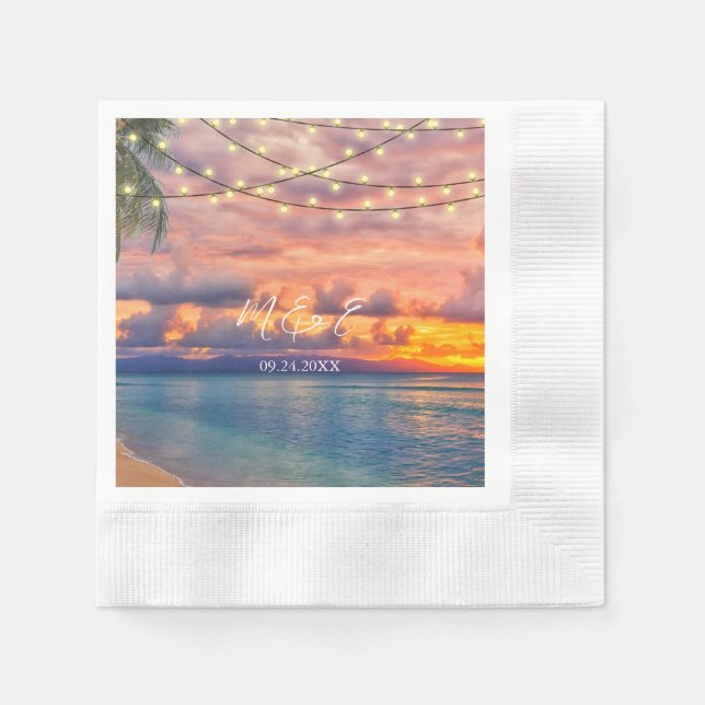 Sunset Beach String Lights Wedding Napkins (Front)