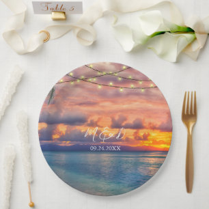 Sunset Beach String Lights Wedding Paper Plates