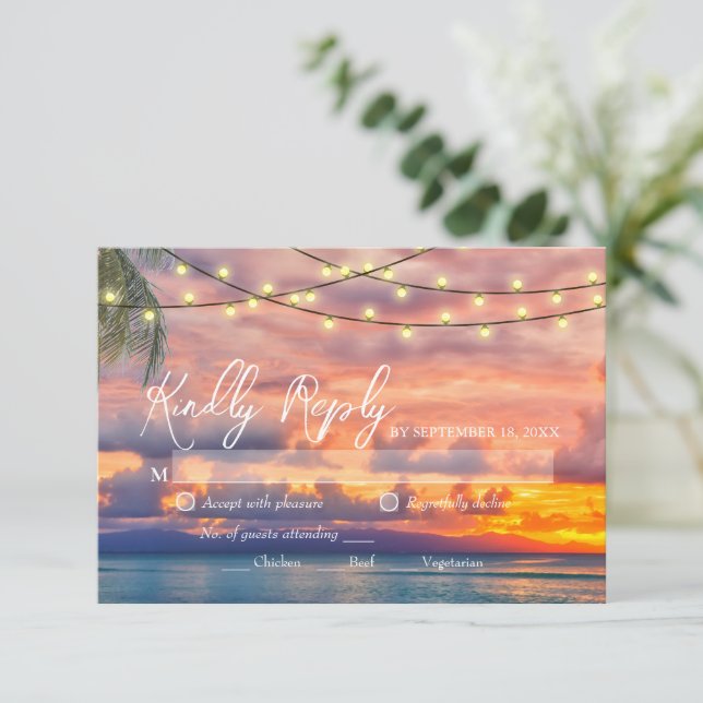 Sunset Beach String Lights Wedding RSVP Card (Standing Front)
