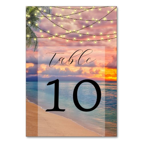 Sunset Beach String Lights Wedding Table Number