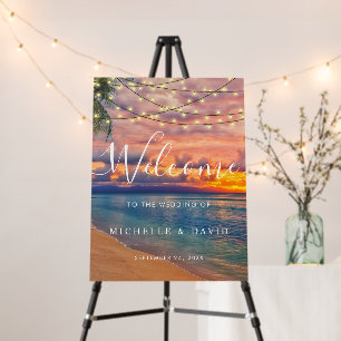 Sunset Beach String Lights Wedding Welcome Foam Board
