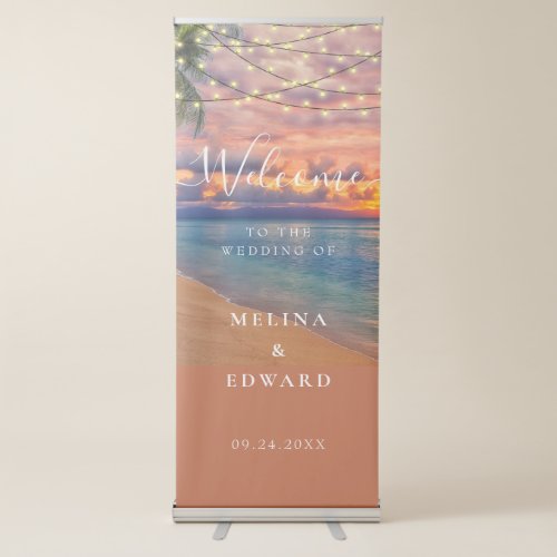 Sunset Beach String Lights Wedding Welcome Retractable Banner