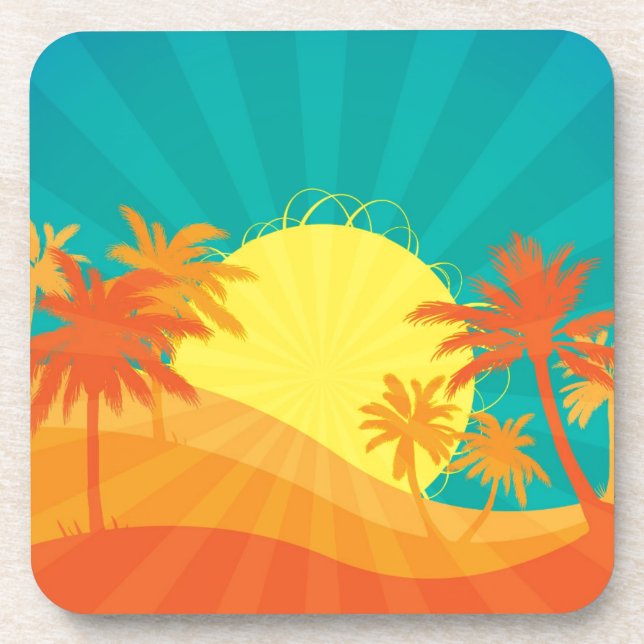 Sunset Beach tropical retro surf design Beverage Coaster (Front)