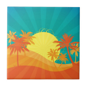 Sunset Beach tropical retro surf design Ceramic Tile