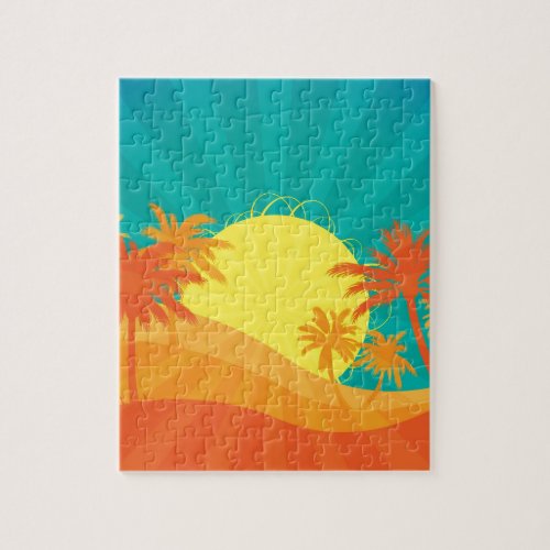 Sunset Beach tropical retro surf design Jigsaw Puzzle