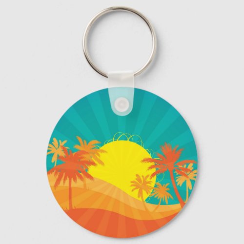 Sunset Beach tropical retro surf design Keychain