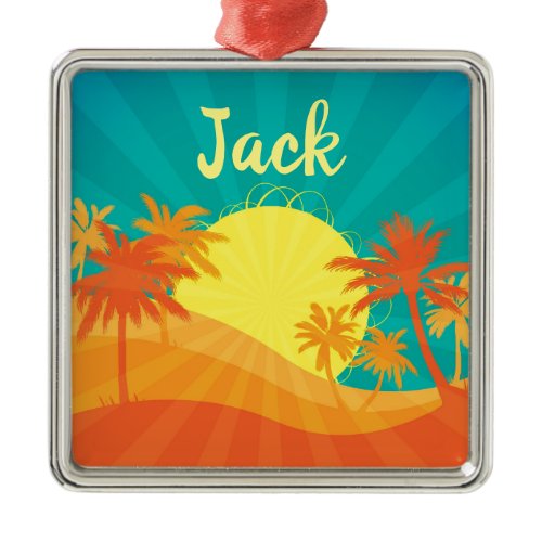 Sunset Beach tropical retro surf design name Metal Ornament