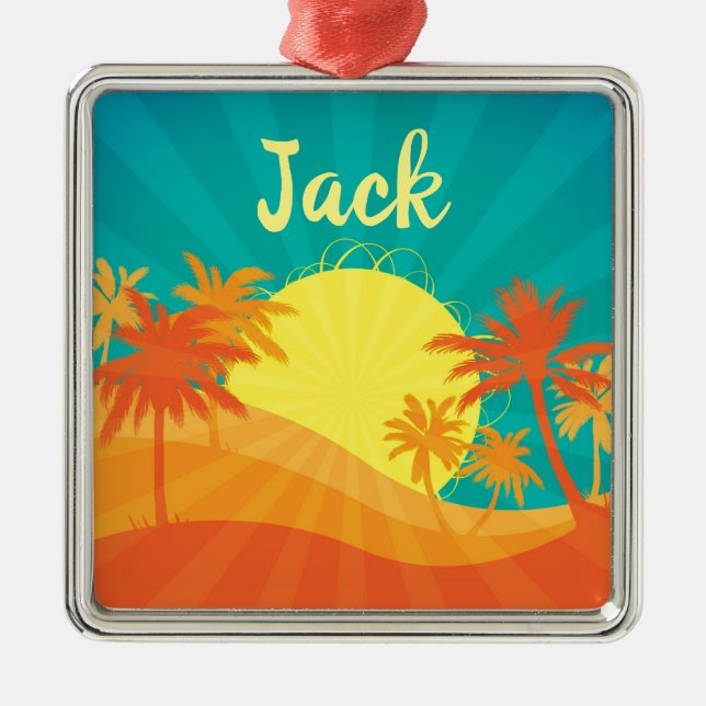 Sunset Beach tropical retro surf design name Metal Ornament (Front)