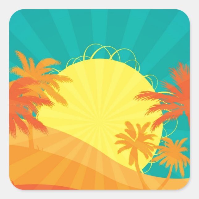 Sunset Beach tropical retro surf design Square Sticker (Front)